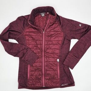 Eddie Bauer Women's S Hooded Hybrid Jacket Maroon Quilted Front Activewear